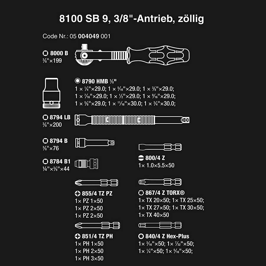 Bộ bánh cóc Wera 05004049001 Hệ Inch 8100 SB 9 Zyklop Speed, ổ 3/8 &quot;, đế, 29 chi tiết - ILICO