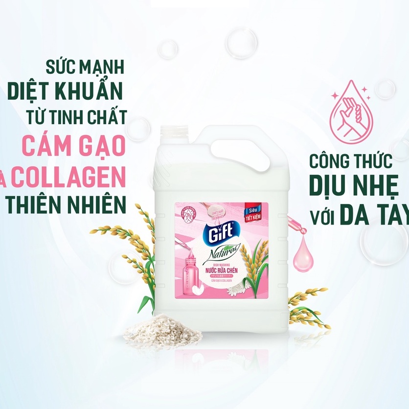 Nước rửa chén Gift Natural Cám Gạo & Collagen _ Dịu nhẹ và nuôi dưỡng da tay