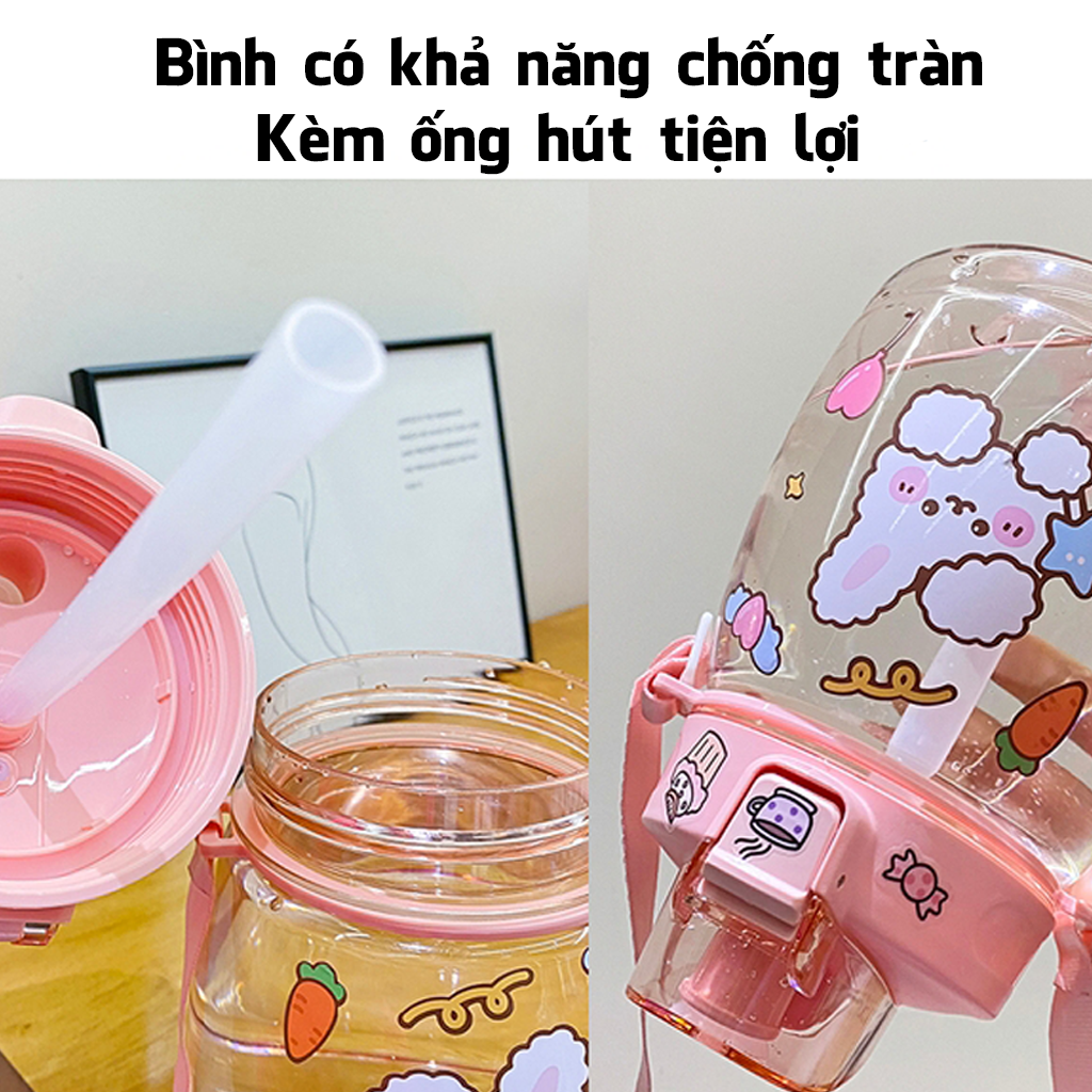 Bình Nước Cute Dung Tích 1200ml Chai Đựng Nước Có Dây Đeo Và Ống Hút Tiện Lợi