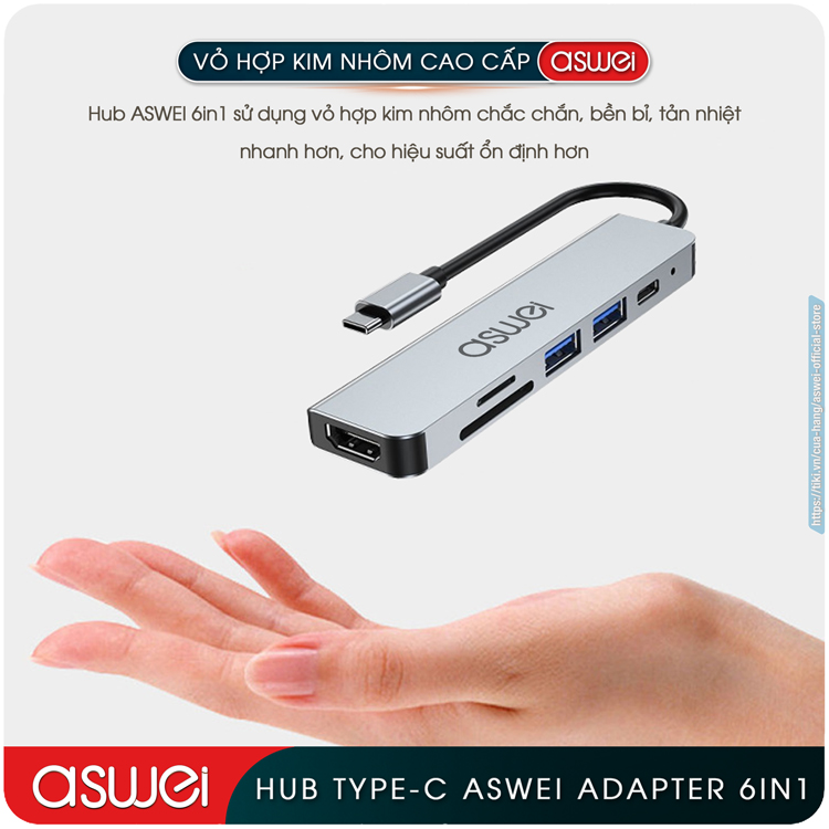 Hub Type C ASWEI 6 in 1 To HDMI, USB 3.0, SD, TF, PD - Hub Chuyển Đổi USB Type C 6 Cổng - Cổng Chia USB, Ổ Chia USB Tốc Độ Cao Dành Cho MacBook, Tivi, Laptop, PC, Máy Tính Bảng, Smartphone – Hàng Chính Hãng