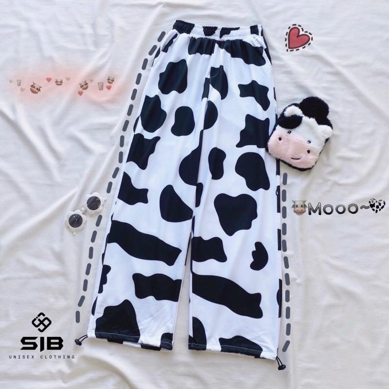 Quần dài ống rộng SIB Clothing rút ống hoạ tiết bò sữa SIB005