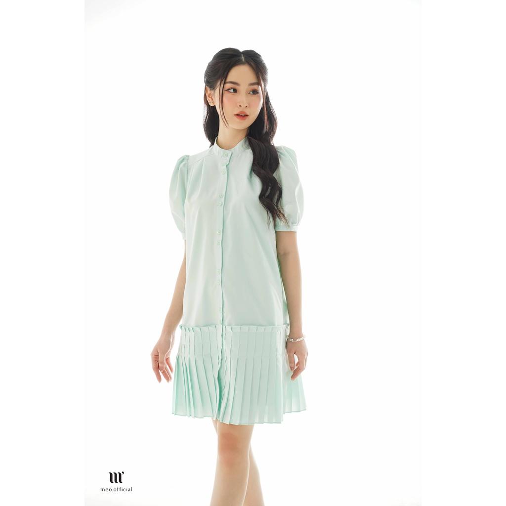 Đầm nữ Méo shop váy liền kiểu Hàn ngắn tay cổ tròn phối xếp ly dáng xòe Modey