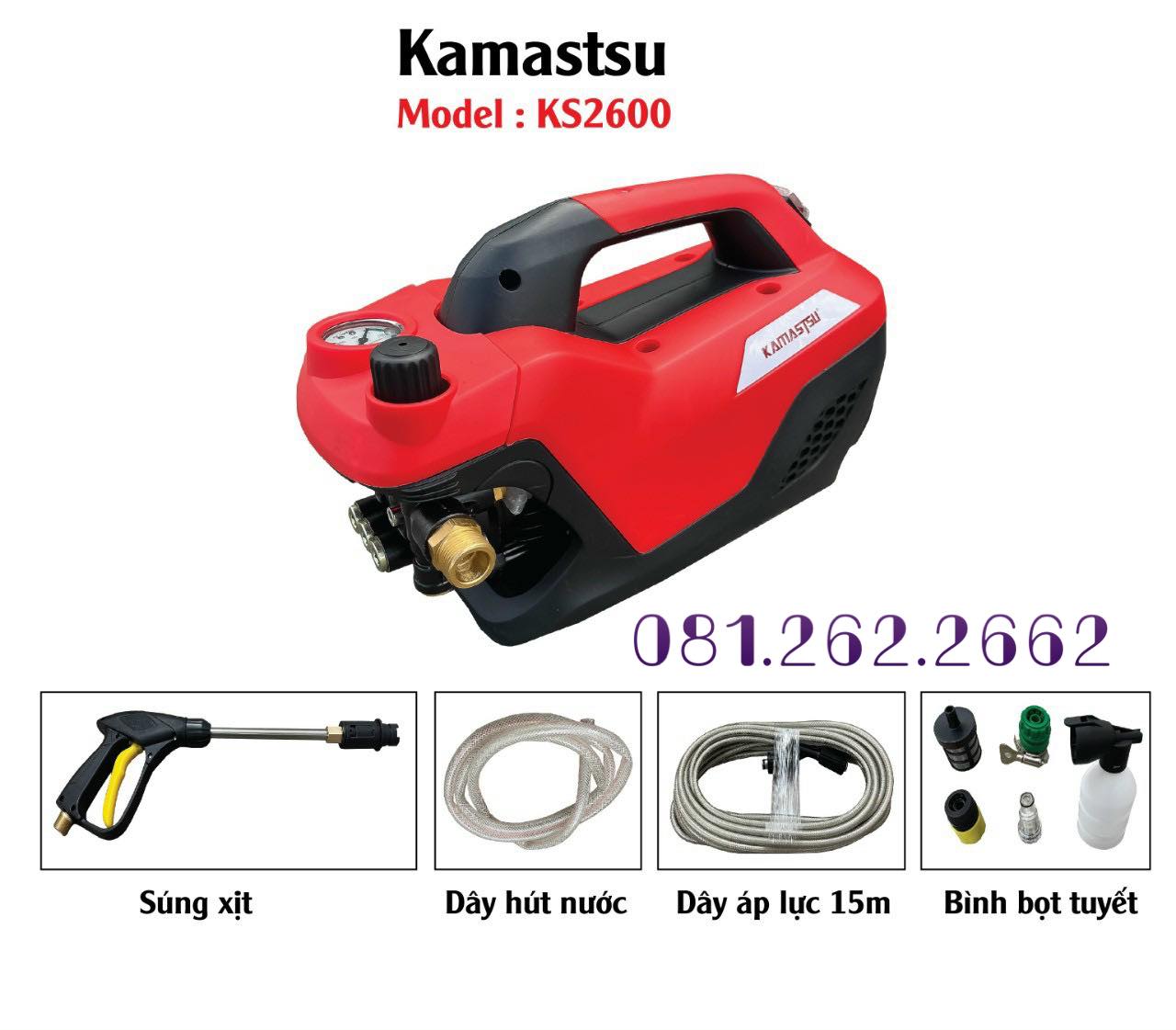 Máy rửa xe có CHỈNH ÁP , KAMASTSU KS2600 2600w màu đỏ / đen | chống giật | chống cháy