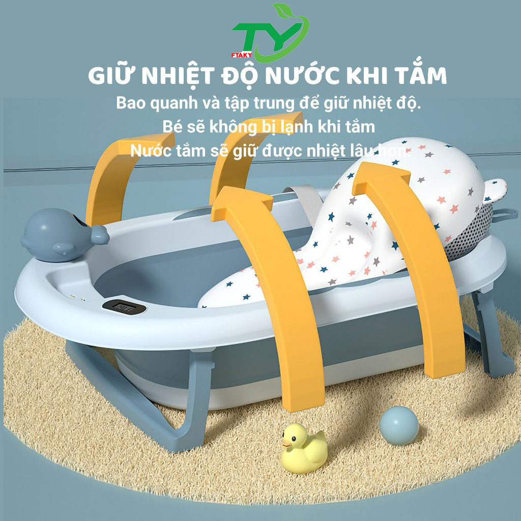 Bồn tắm FTAKY cỡ lớn gấp gọn, có nhiệt kế, cho trẻ kèm phao tắm lớn chất liệu cao cấp, có nút thoát nước (màu ngẫu nhiên)