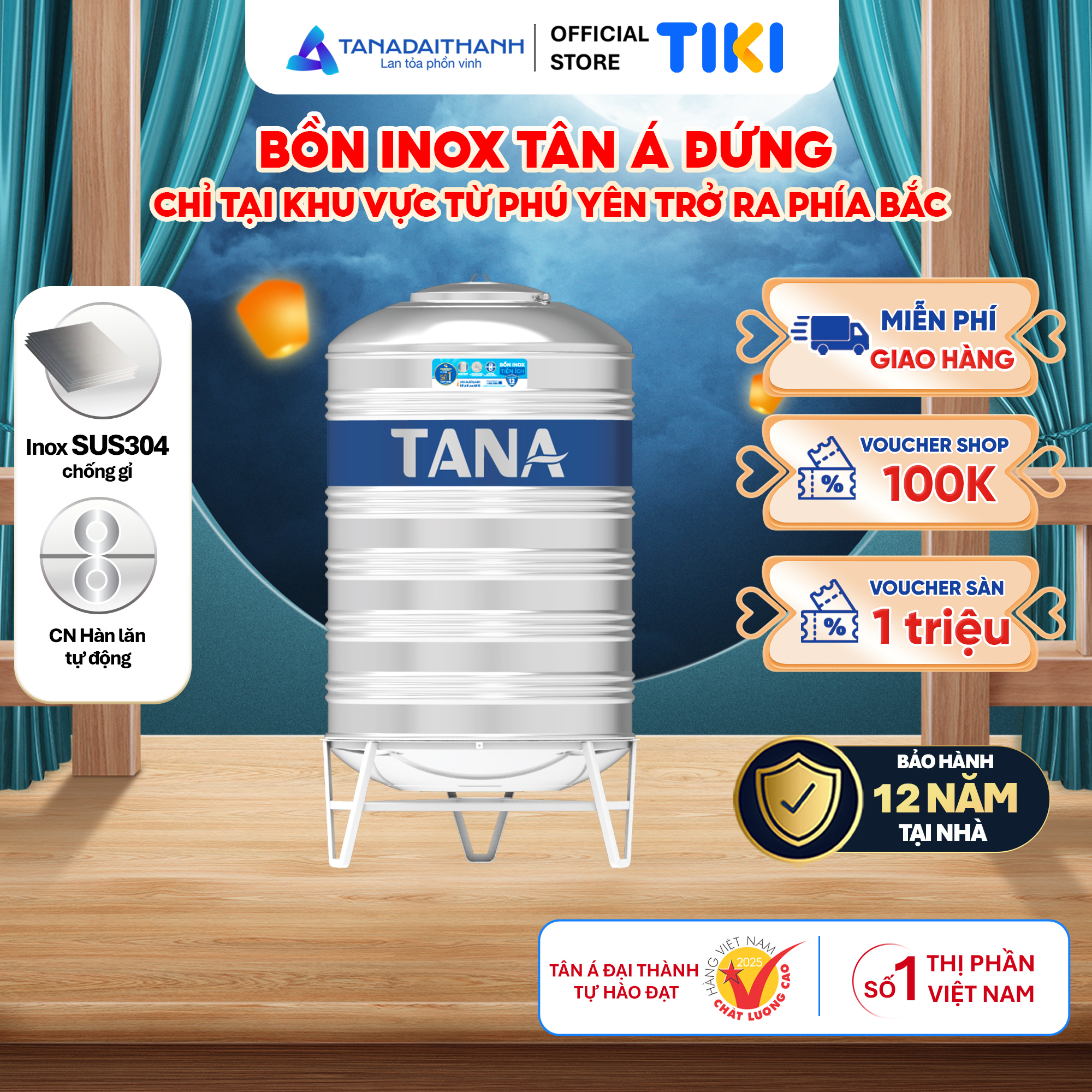 Bồn nước inox Tân Á Đại Thành Đứng (500L, 1000L, 1500L, 2000L), SUS 304 - Chính hãng, Bảo hành 12 năm