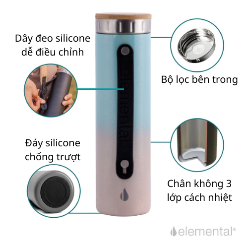 [Hàng chính hãng – Thương hiệu Mỹ] Bình giữ nhiệt Elemental Iconic màu candy 590ml, giữ nhiệt vượt trội, inox 304, FDA Hoa Kì, An toàn sức khỏe, có lưới lọc