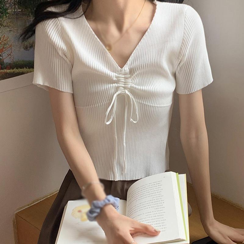 Áo Thun Tay Ngắn Cổ Chữ V Màu Trơn Thiết Kế Đơn Giản Thời Trang Dành Cho Nữ