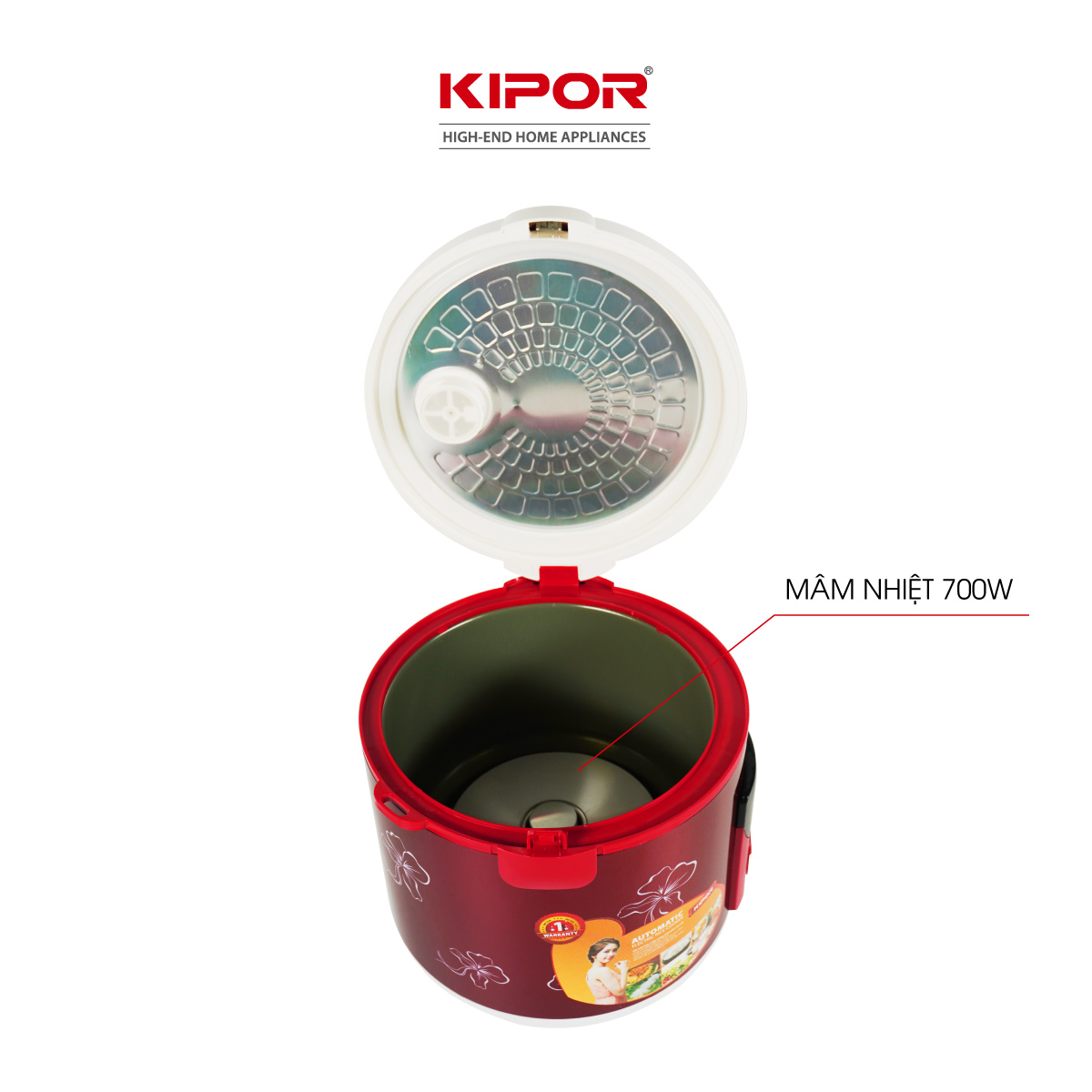 Nồi cơm điện KIPOR KP-25918 - 1.8L - Phủ chống dính HOÀNG KIM, Nồi cơm có tặng kèm vỉ hấp - phù hợp 4-6 người ăn - Hàng chính hãng