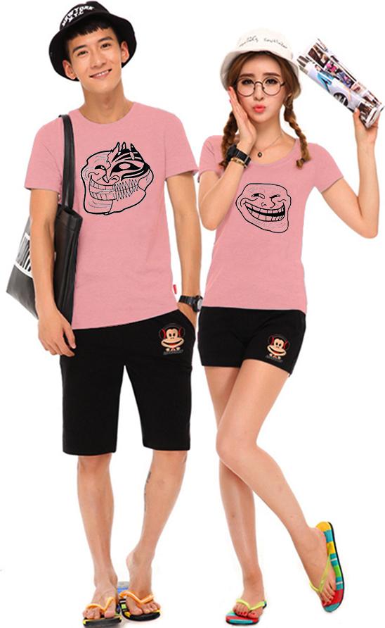 Bộ Áo Thun Đôi Nam Nữ Troll Face Màu Hồng Ruốc - XXL - XXL