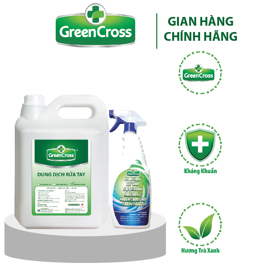 DUNG DỊCH RỬA TAY KHÁNG KHUẨN GREEN CROSS CAN 5L - Tặng thêm 1 chai xịt khuẩn bề mặt Green Cross A2