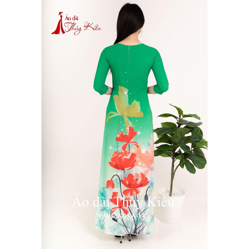 Áo dài Thúy Kiều in 3D lụa Nhật đỏ xanh lá K44