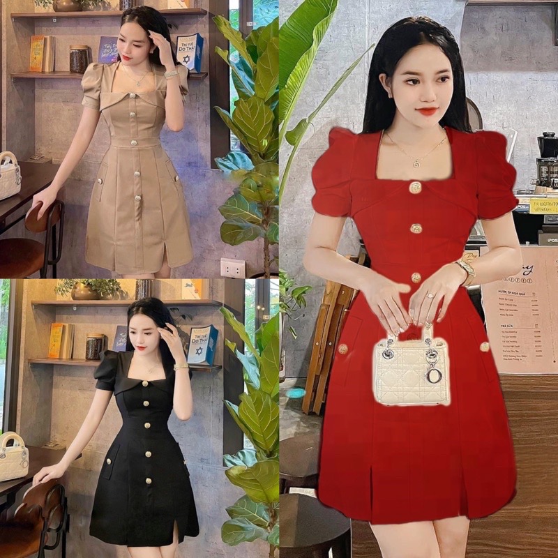 Đầm chữ a cổ vuông phối nút