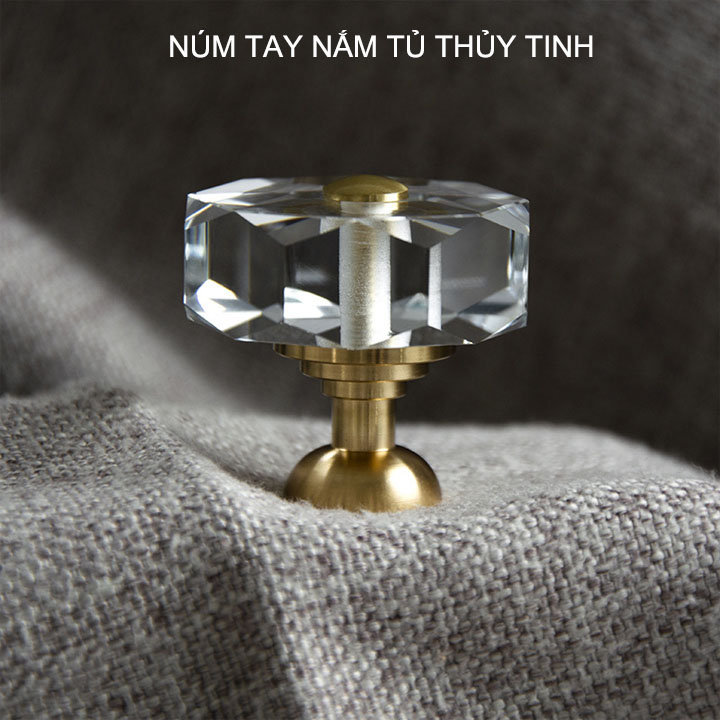 01 Núm tay nắm ngăn kéo bàn, tủ, cửa đa năng bằng thủy tinh và hợp kim đồng