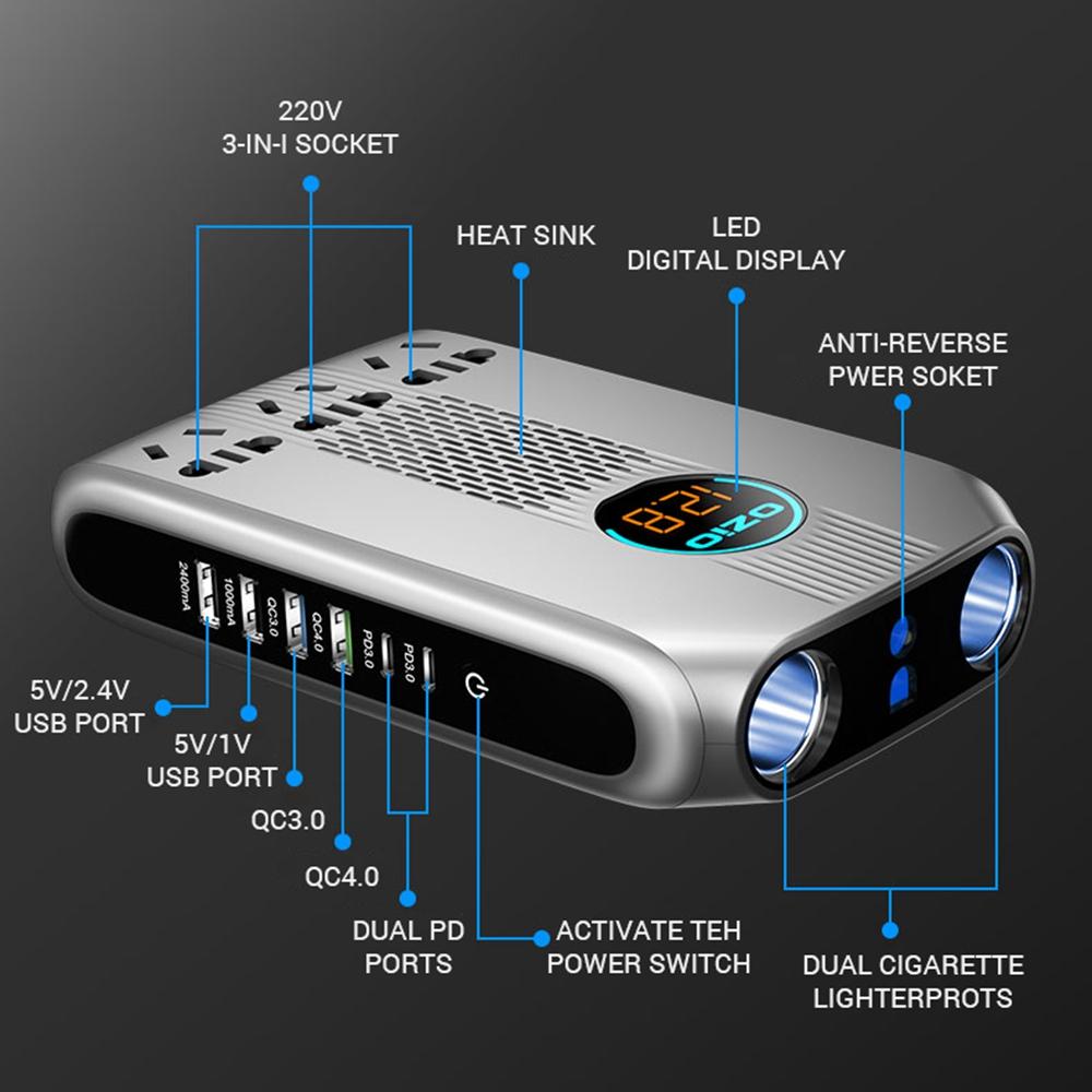 6 Bộ sạc xe USB QC3.0 PD Sạc nhanh 200W 12V 24V đến 220V Biến tần trên màn hình màn hình LED với 3 ổ cắm 2 ổ cắm