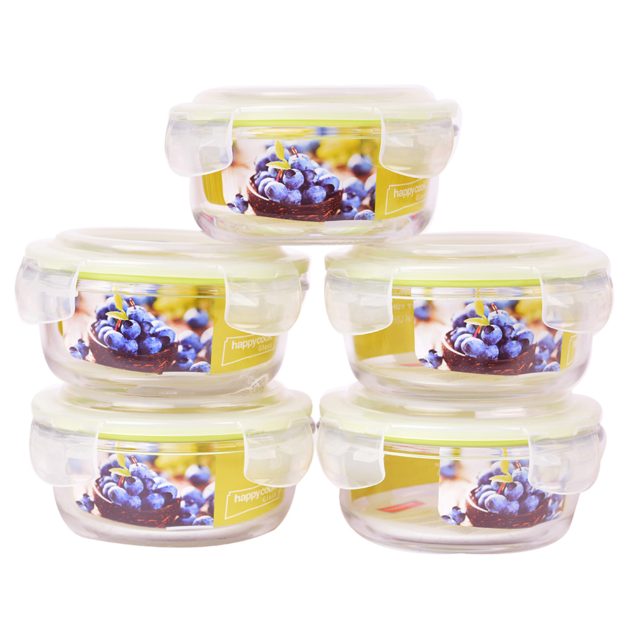 Bộ 5 Hộp Thủy Tinh Chịu Nhiệt Nắp Gài Hình Tròn Glass Happy Cook HCG-040C*5