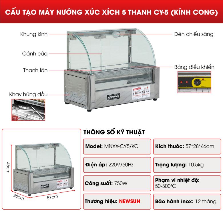 Máy nướng xúc xích 5 thanh CY-5 (kính cong) NEWSUN - Hàng chính hãng
