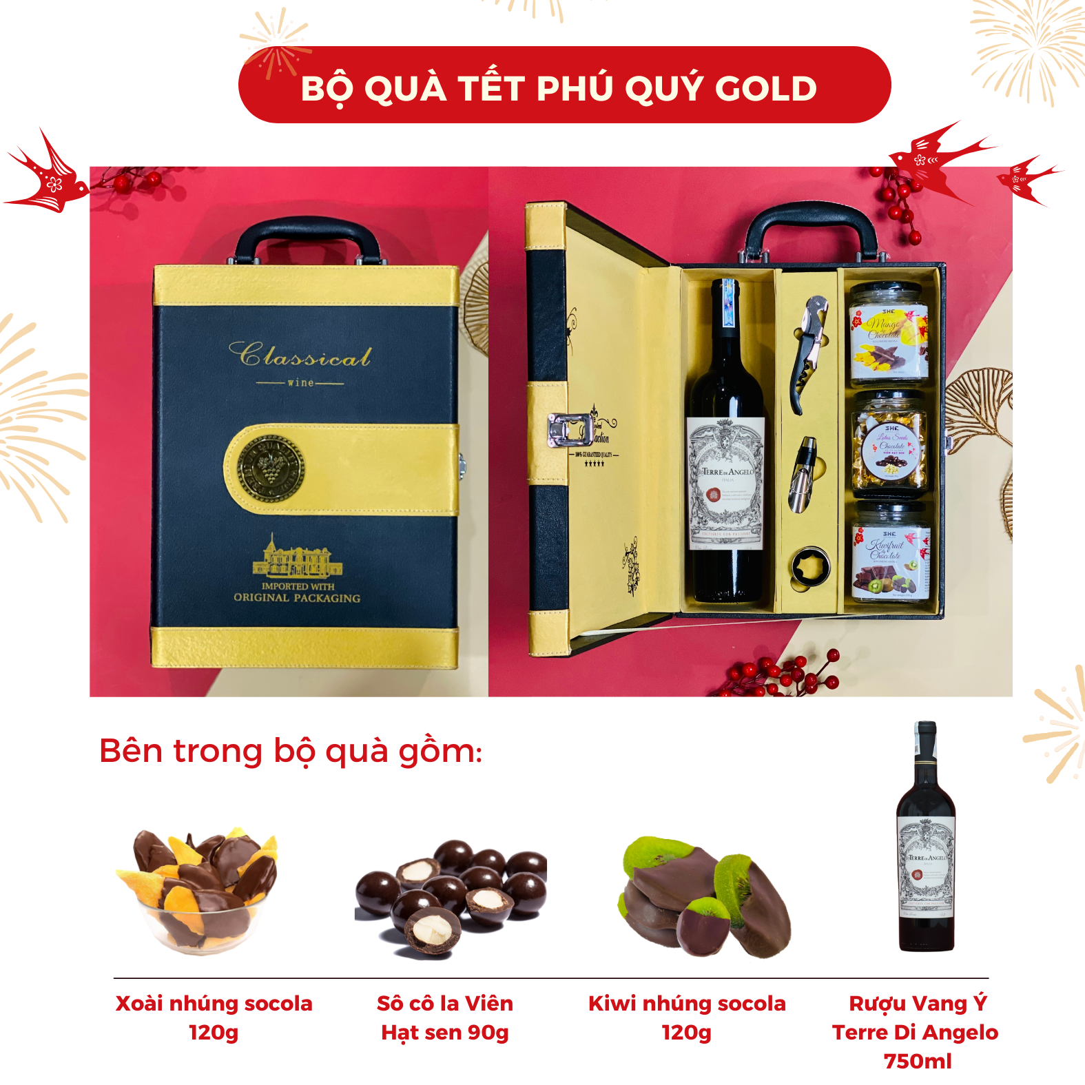 Bộ quà 2024_Tết Phú Quý Gold SHE Chocolate. Quà tặng gửi gấm tình thân, sang trọng, tinh tế từ socola và các loại hạt