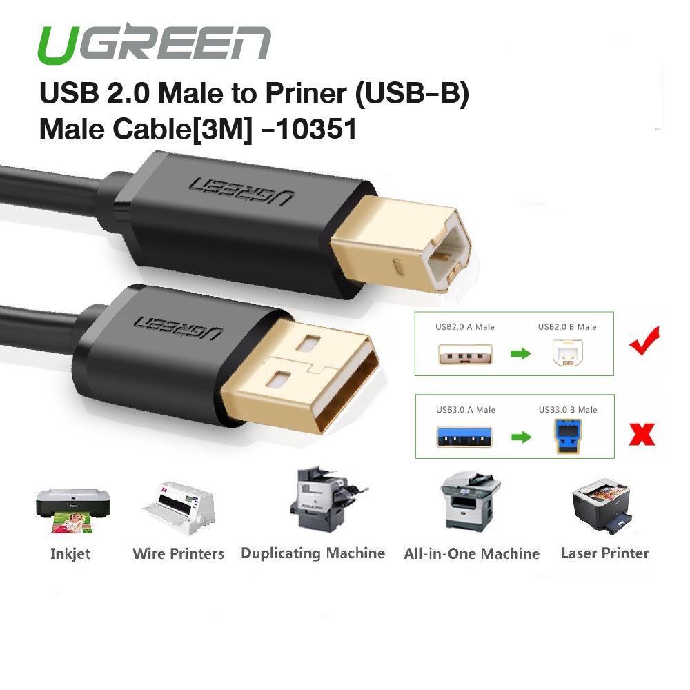 Cáp máy in USB 2.0 Ugreen 10351 dài 3M chống nhiễu cao cấp - Hàng chính hãng