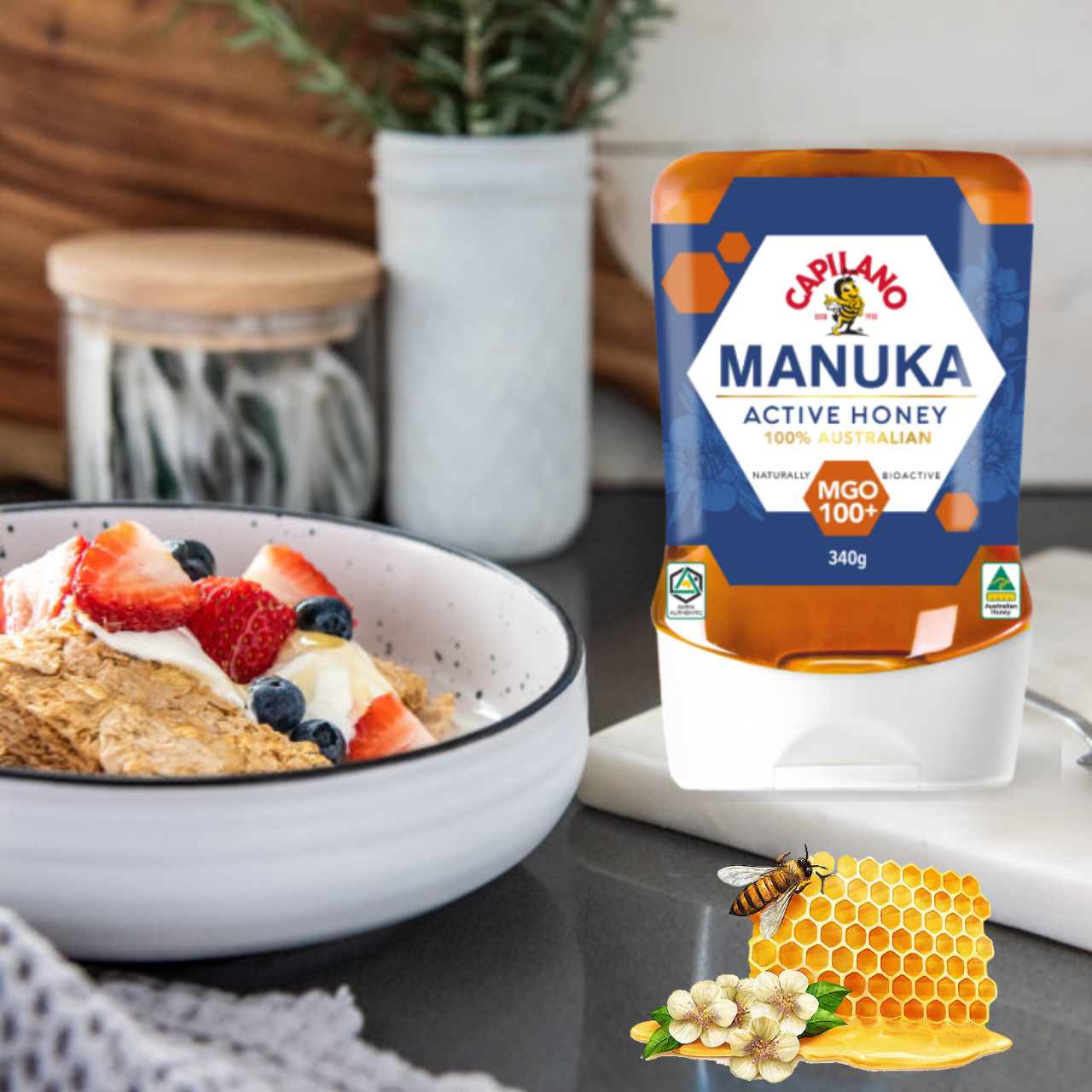 Mật ong hoa Manuka Capilano Active Honey MGO 100+ tăng sức đề kháng, giảm ho, viên họng, dưỡng ẩm da và môi cang mềm mịn - OZ Slim Store