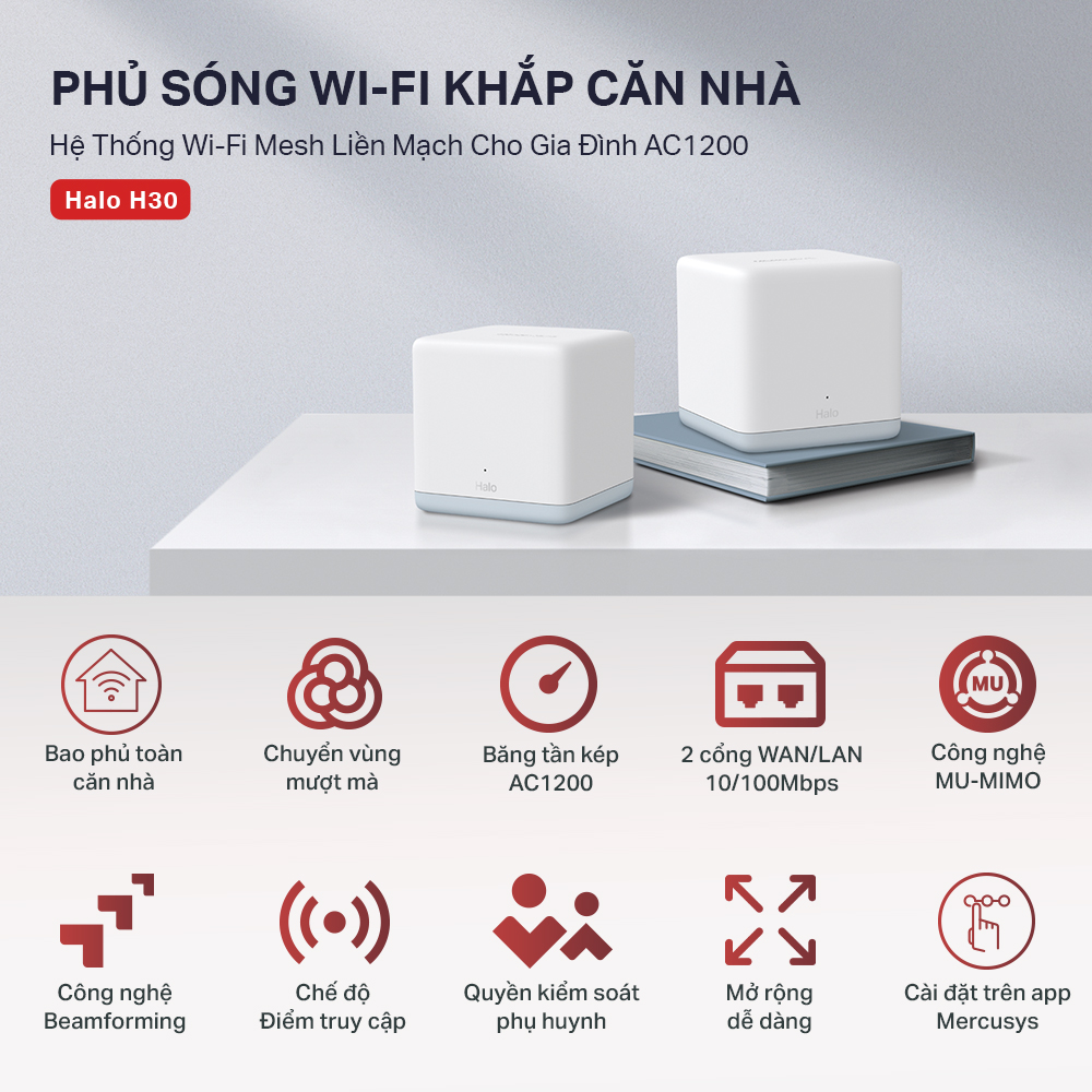 Bộ Phát Wifi Mesh Mercusys Halo H30 Chuẩn AC Tốc Độ 1200Mbps - Hàng Chính Hãng