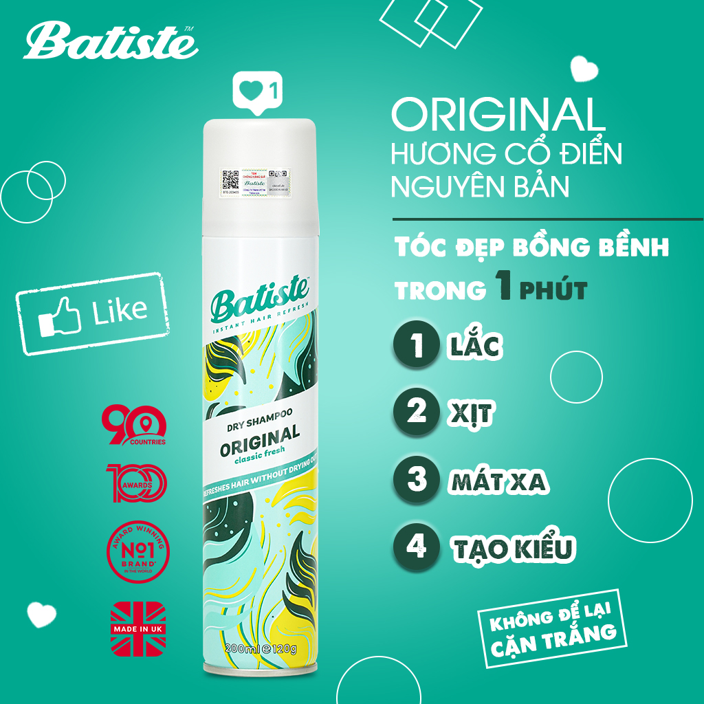 Dầu Gội Khô Batiste Dry Shampoo 200ml Hết Ngứa, Hết Bết Dính Tóc Bồng Bềnh Tức Thì