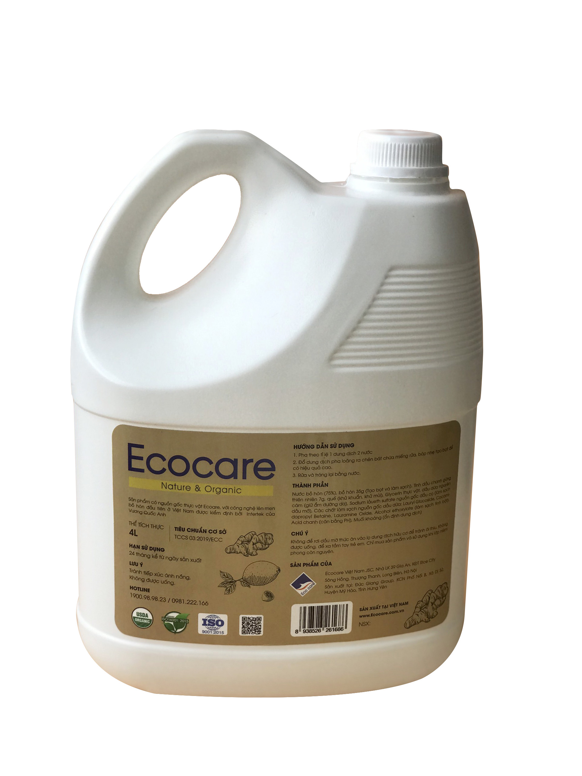 Nước Rửa Chén Hữu Cơ Bồ Hòn Và Tinh Dầu Chanh Gừng 4L thương hiệu Ecocare