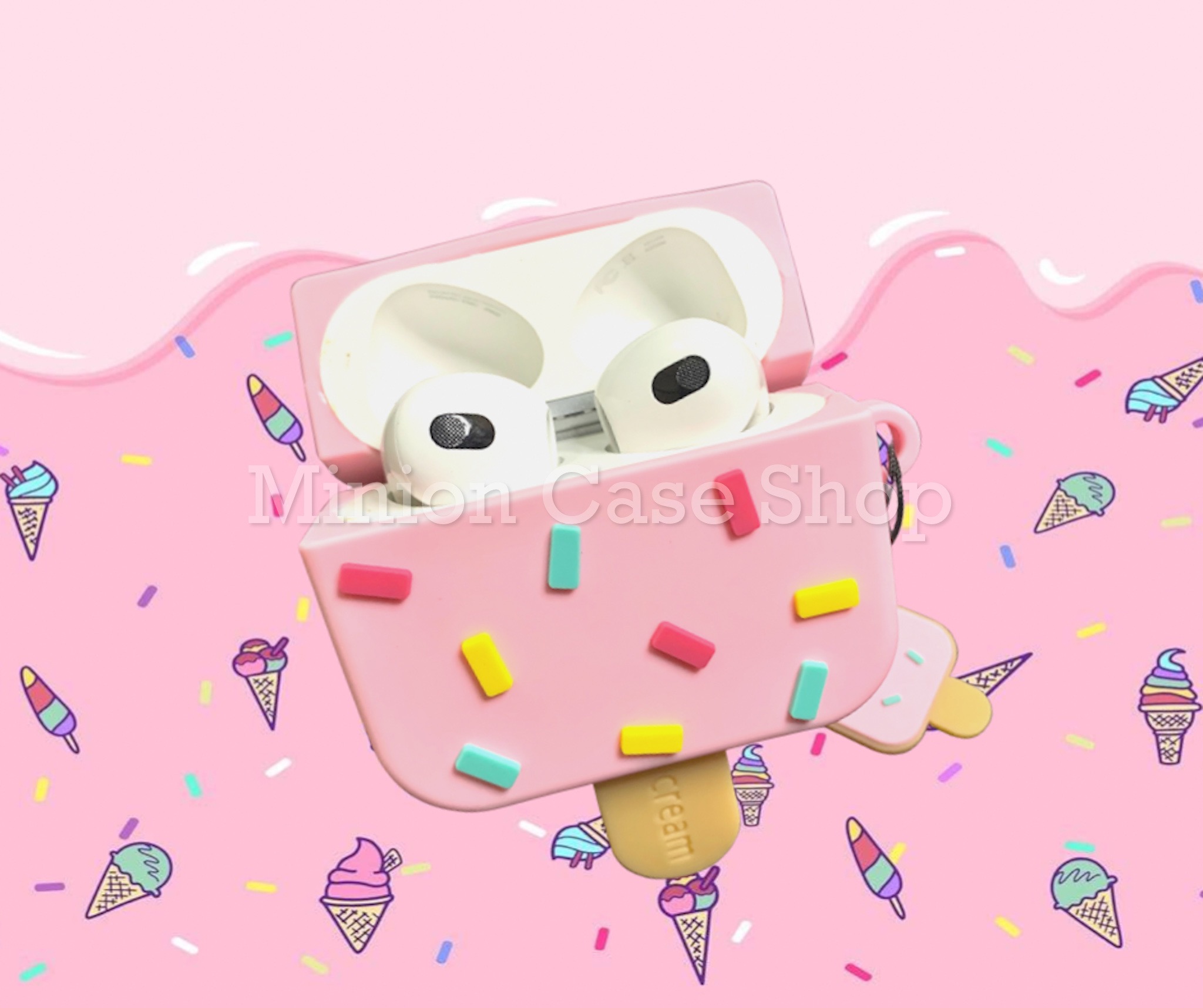 Bao Case Ốp dành cho Airpod 3 que kem hồng siêu cool silicon 3d cao cấp