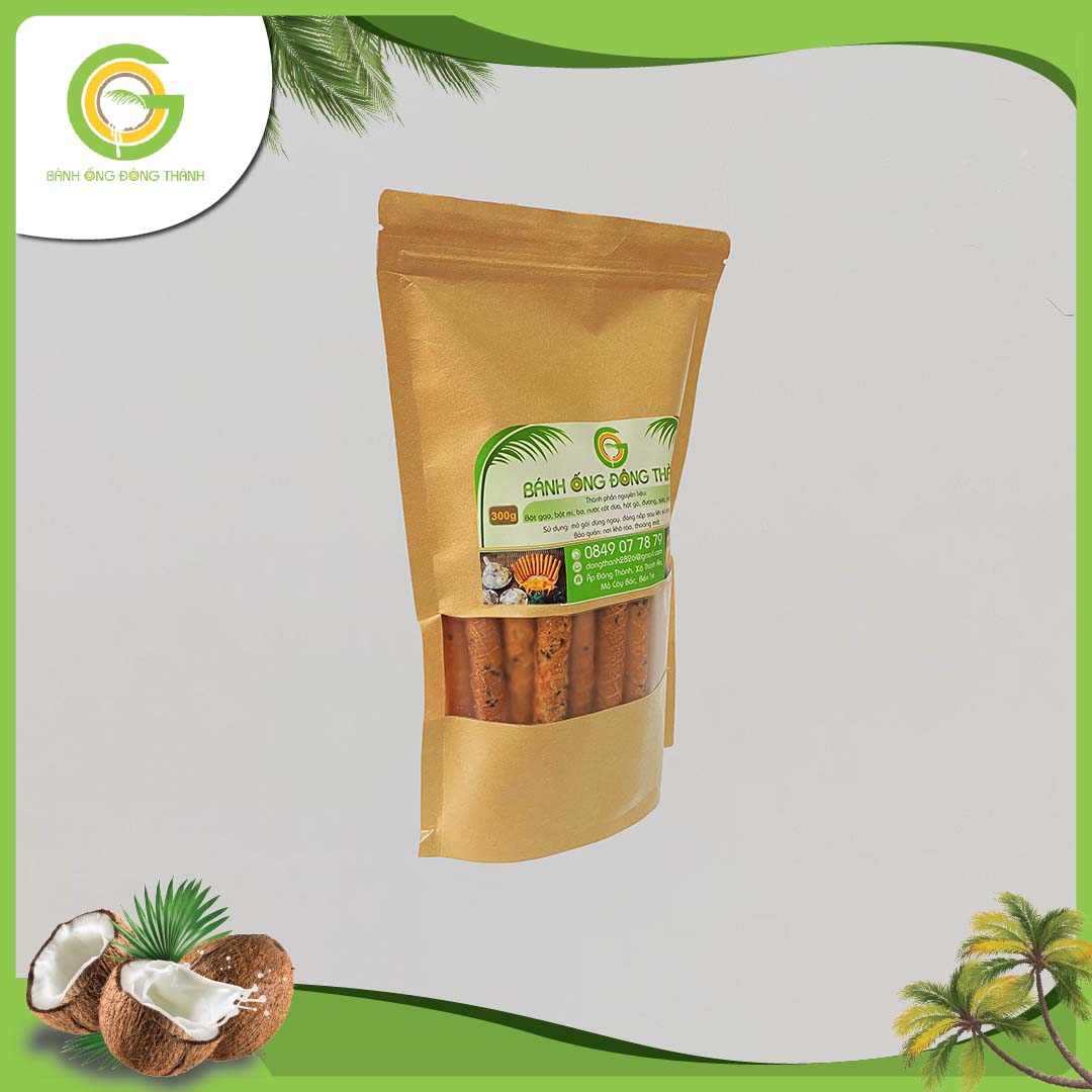 Bánh ống Đông Thành thơm ngon - Bánh ống xứ dừa dạng túi - Đặc sản Bến Tre túi bánh ống dừa (300gr)