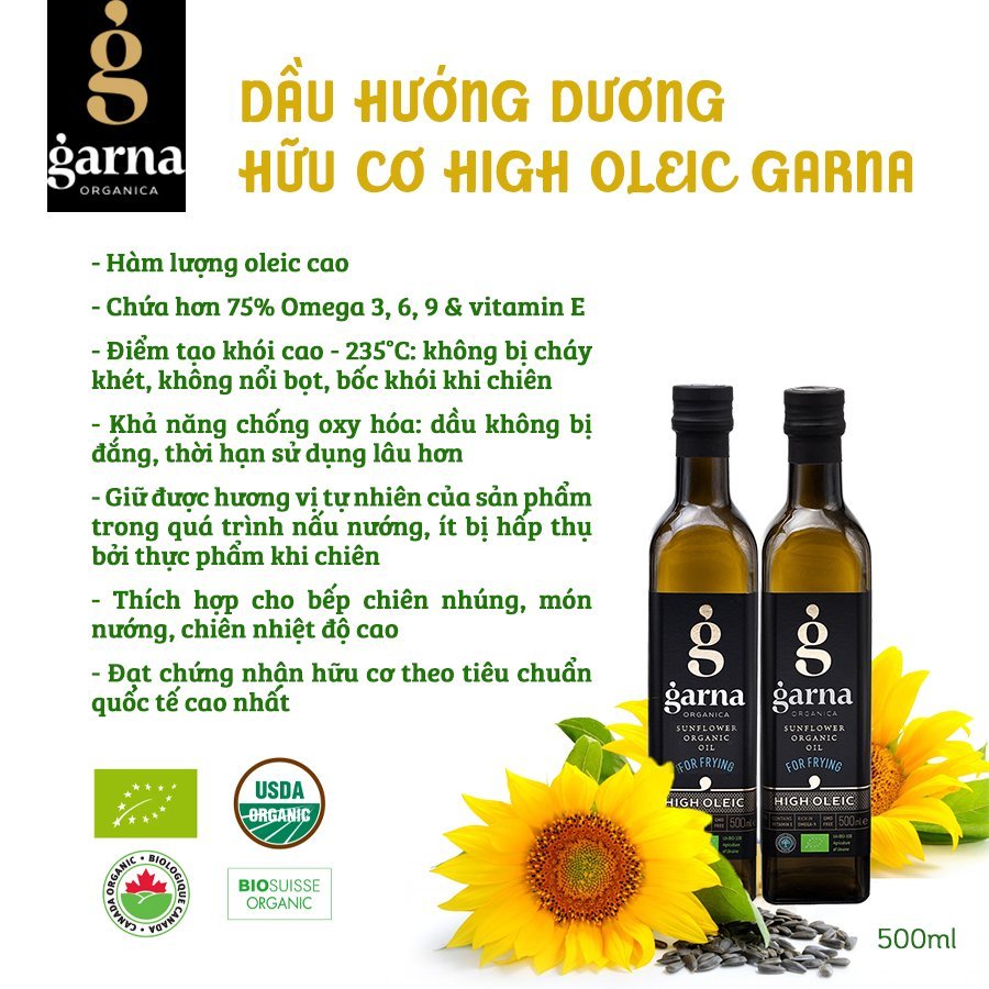 Dầu hướng dương hữu cơ  Garna 500ml Organic sunflower oil high oleic Garna 500ml