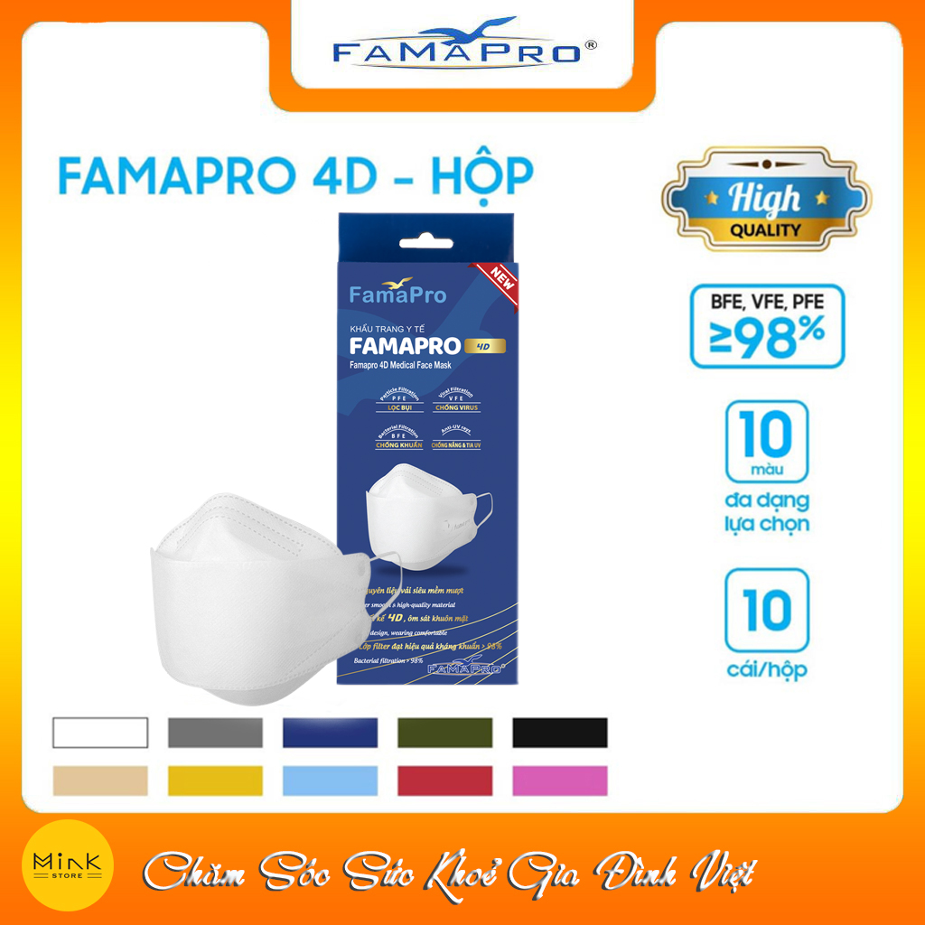 [THÙNG TRẮNG - FAMAPRO 4D] - Khẩu trang y tế kháng khuẩn cao cấp Famapro 4D tiêu chuẩn KF94 (500 cái/thùng)