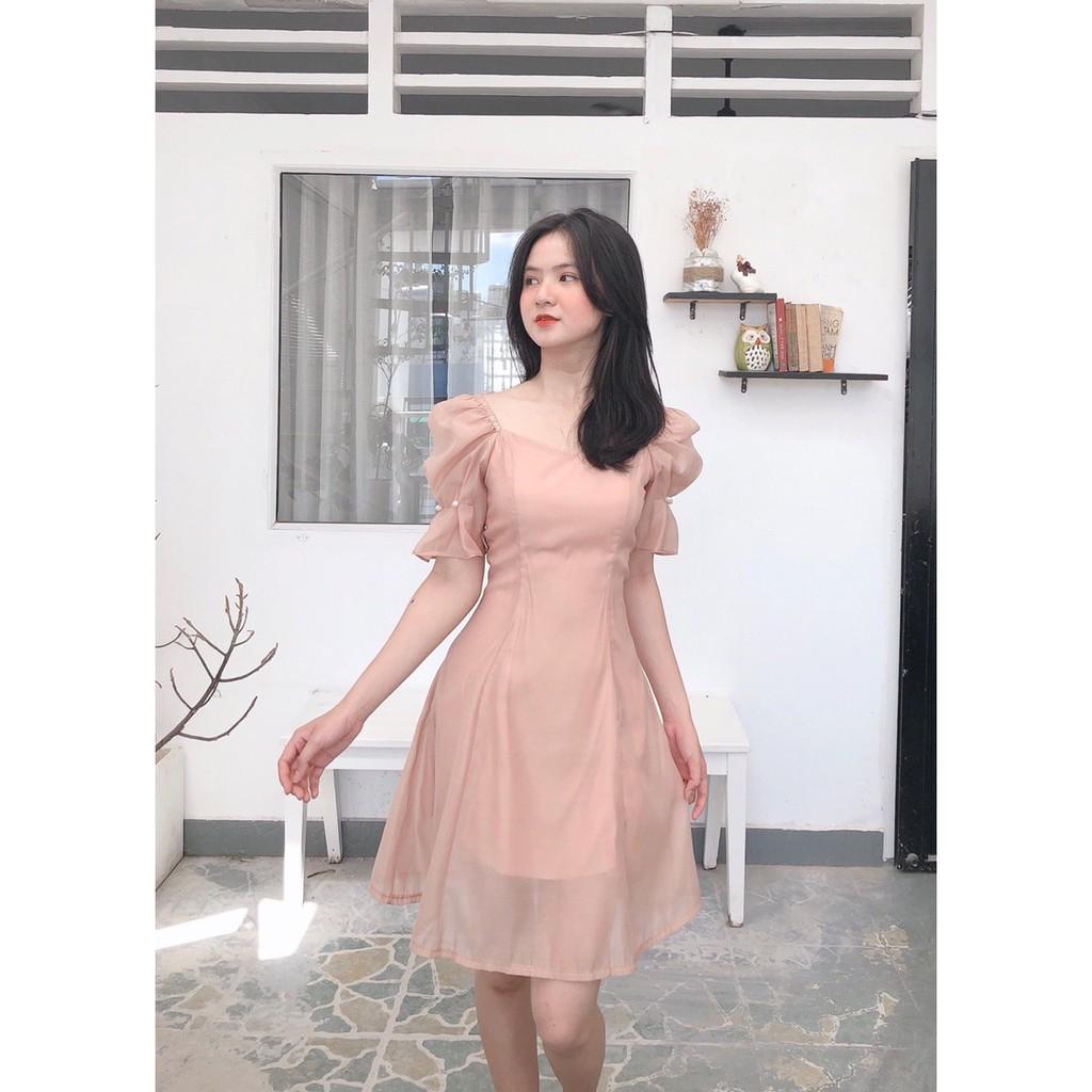 ĐẦM DỰ TIỆC VOAN XỐP PHỒNG 2 LỚP CỔ TIM TAY ĐÍNH HẠT CƯỜM DÁNG XÒE-hình thật shop chụp