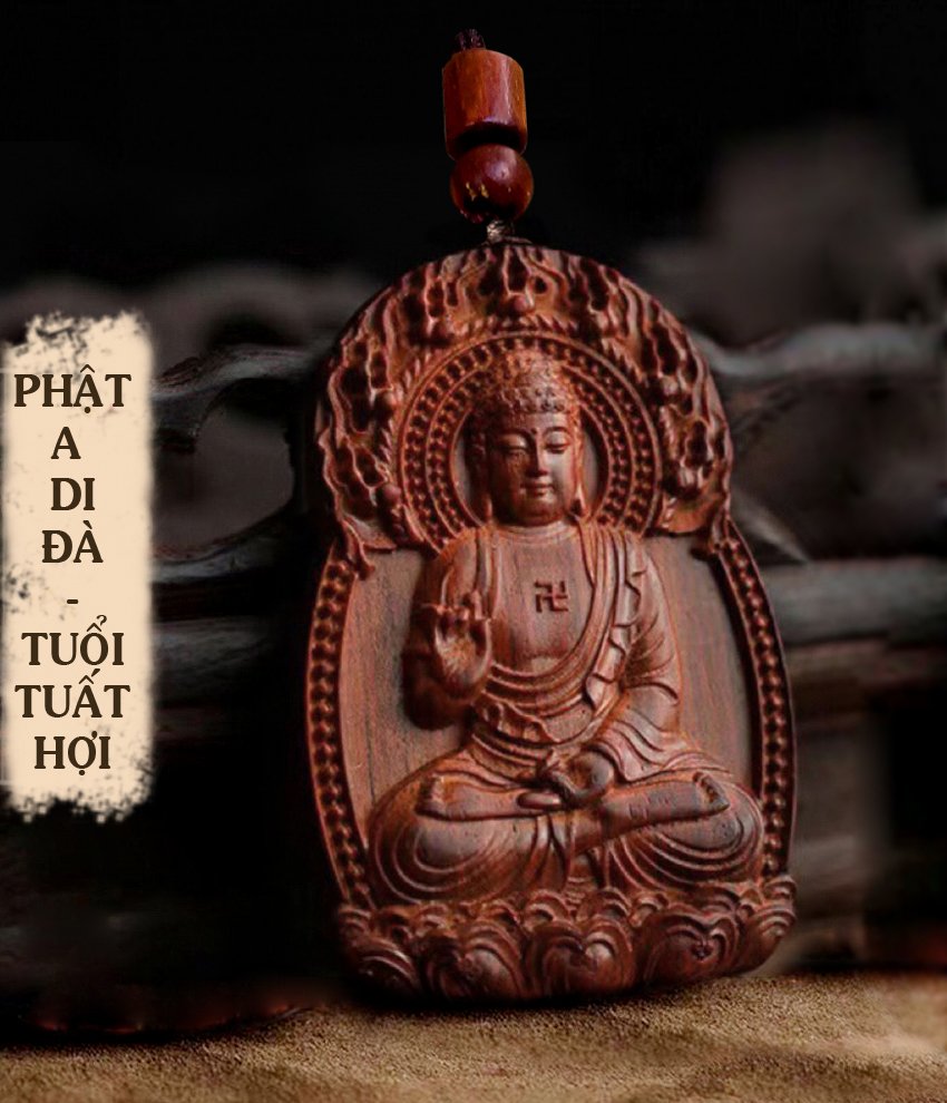 Dây chuyền phong thủy Phật A Di Đà bằng gỗ Đàn Hương - Phật Bản Mệnh Tuổi Tuất, Hợi - S1