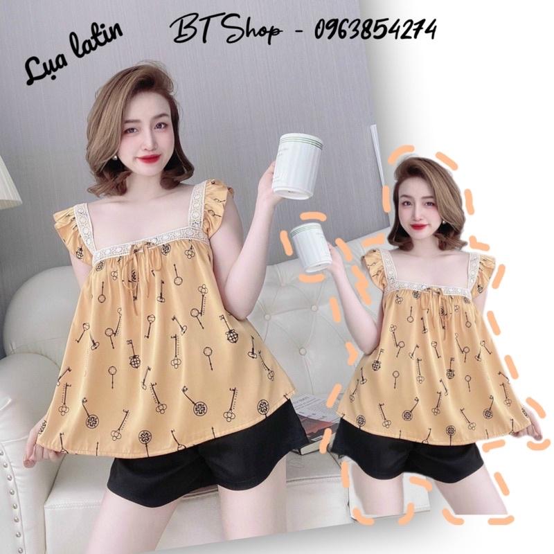 Đồ ngủ mặc nhà lụa latin cổ vuông phối ren quần đùi hoạ tiết freesize 42-57kg