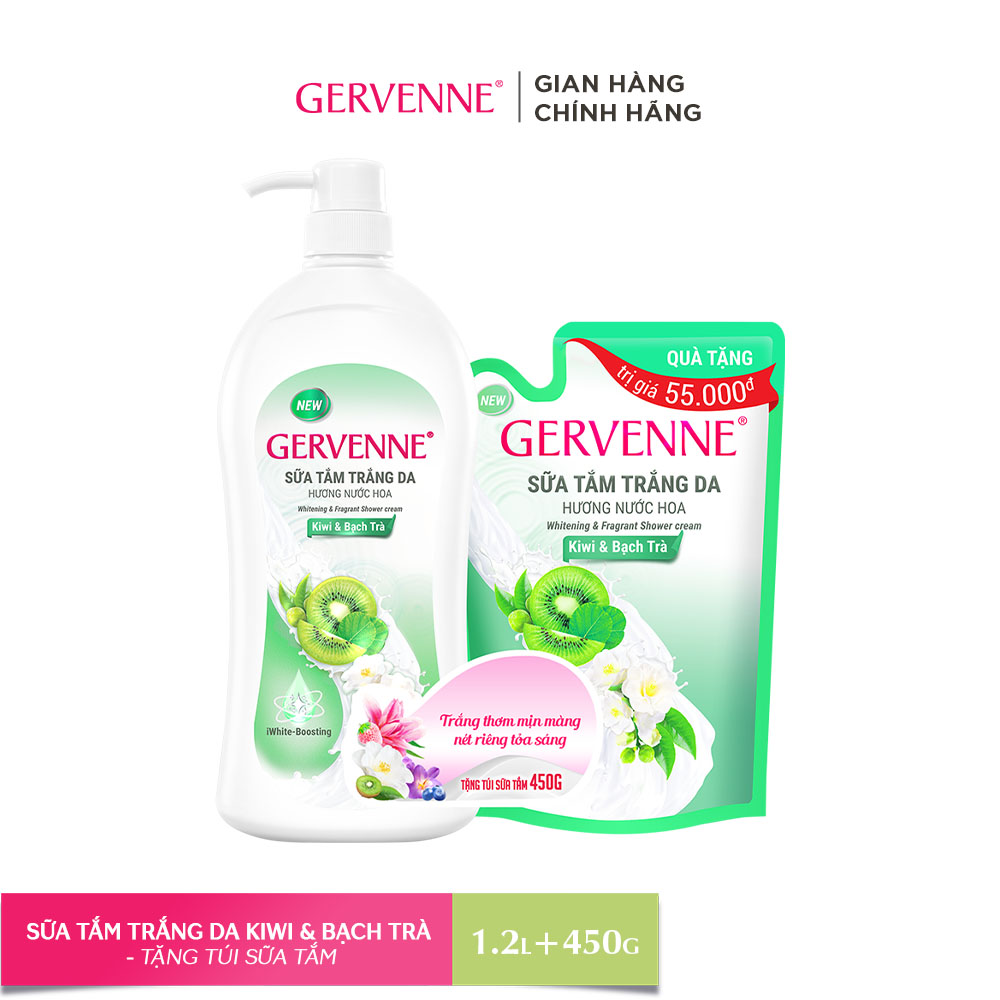 [ Mua 1 Tặng 1] Sữa tắm trắng da Gervenne hương Kiwi &amp; Bạch Trà 1.2L + Tặng Túi sữa tắm trắng da 450g