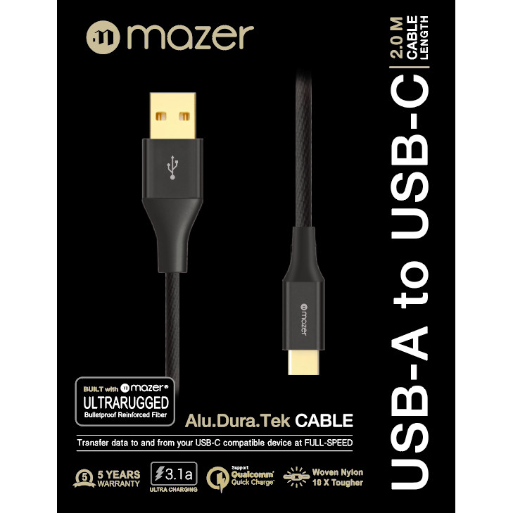Dây Cáp Mazer ALU.DURA.TEK USB-A to USB-C Cable 3.1A - hàng chính hãng