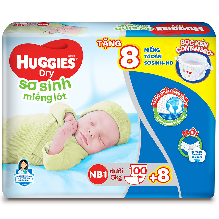 Miếng Lót Sơ Sinh Huggies Dry Newborn 1-100 (100 Miếng) - Tặng 8 miếng