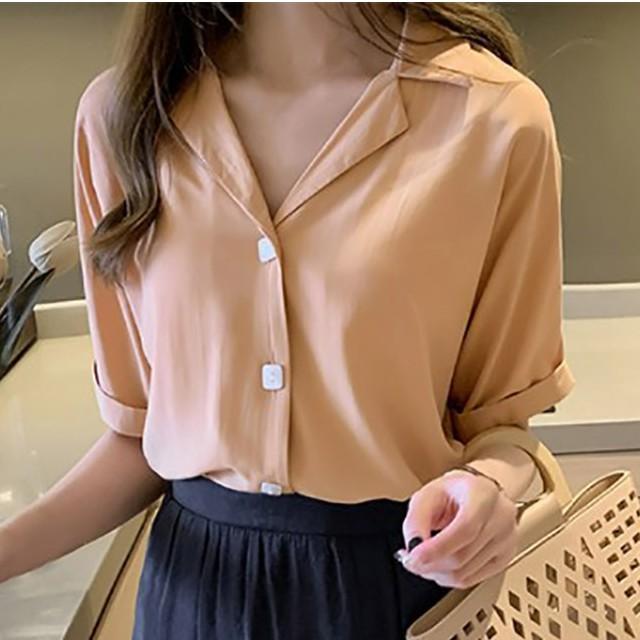 Áo sơ mi nữ tay ngắn thiết kế màu trơn phong cách cổ điển