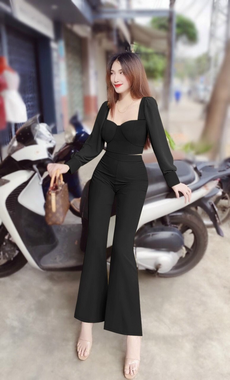 Sét nguyên bộ quần dài ống loe áo lửng tay dài phối voan xinh xắn