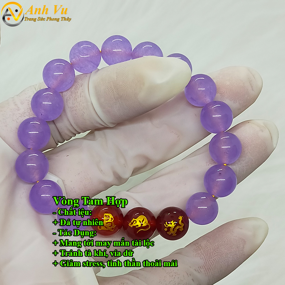 Vòng đá mã não tím chất liệu tự nhiên - Vòng tay tam hợp thân tý thìn cho nữ mệnh thổ - May mắn tài lộc