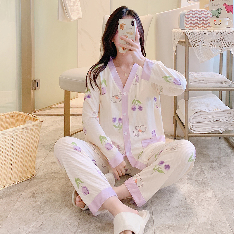 Bộ Đồ Bầu Sau Sinh Dài Tay Có Khe Mở Cho Con Bú Chất Liệu Cotton B13( Có đệm ngực may liền)
