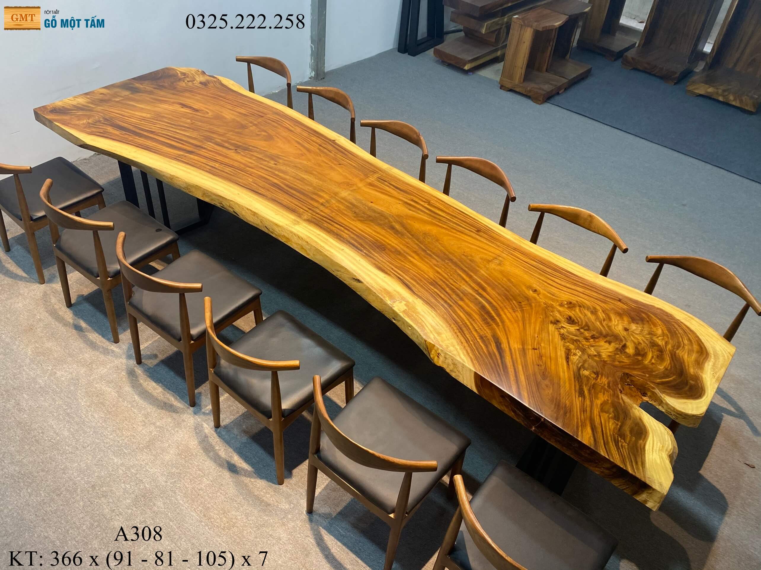 Bàn Cafe Gỗ Me Tây, Bàn Sân Vườn Gỗ Me Tây, Bàn Gỗ Me Tây Nguyên Tấm Dài 3,66m Rộng 1,05m Dày 7cm