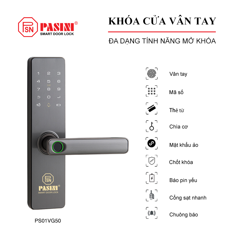 Khóa điện tử thông minh khóa vân tay cửa gỗ PASINI PS01VG50 - Thân khóa tự động, 5 cách mở cửa, mở khoá vân tay - Hàng Chính hãng