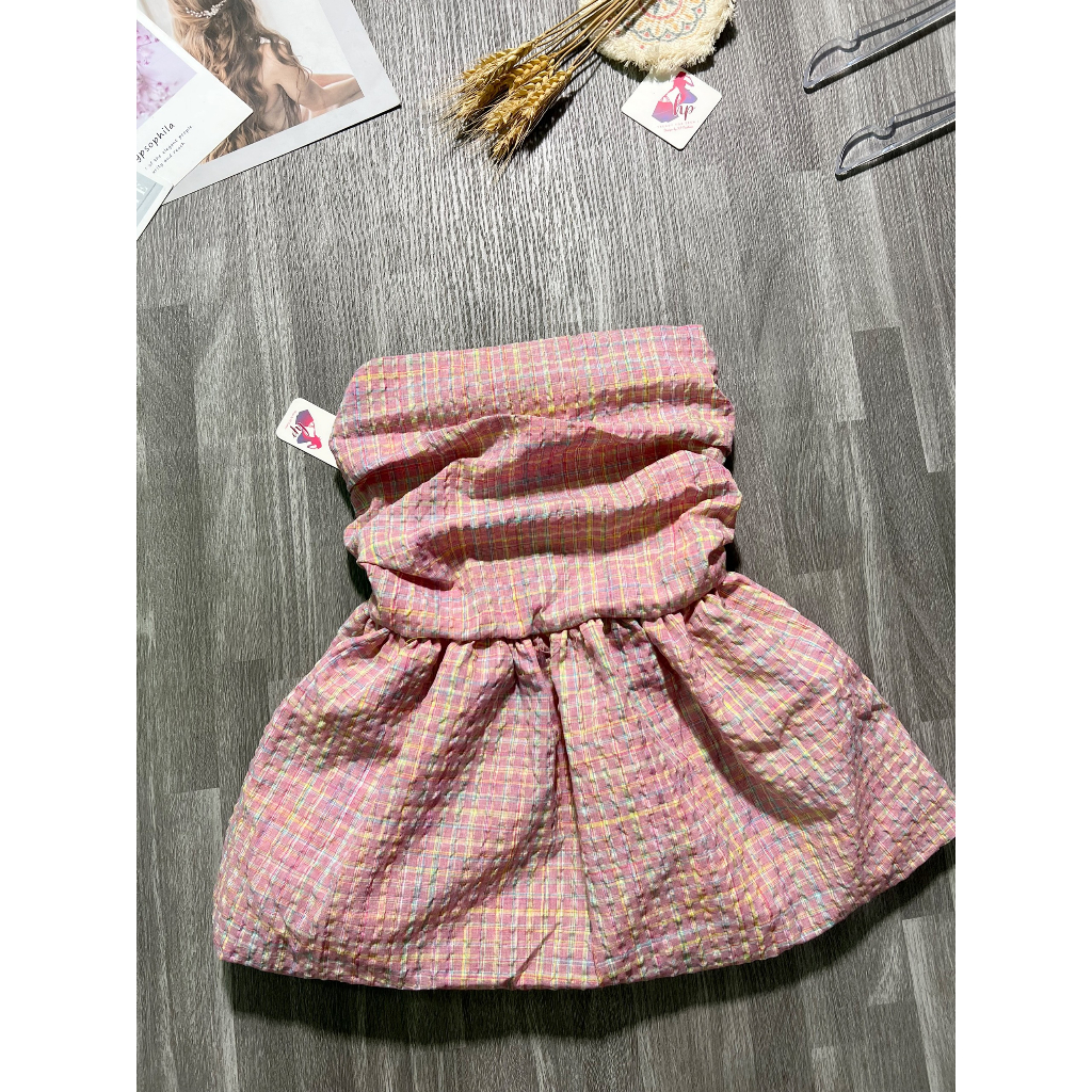 Áo ống cúp ngực bí xoè caro hồng, áo cúp ngực 2 lớp