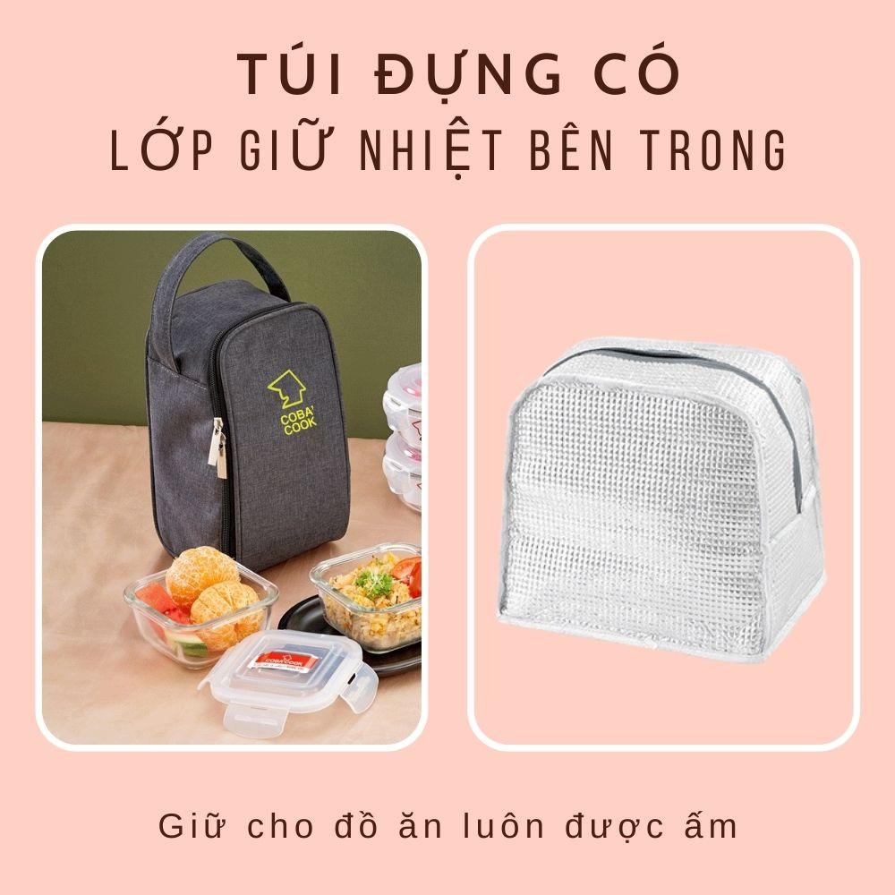 Bộ 3 Hộp Cơm Thủy Tinh Chịu Nhiệt COBACOOK 2 Hộp 1041ml 1 Hộp 370ml Và Túi Giữ Nhiệt- CCL3L13BB