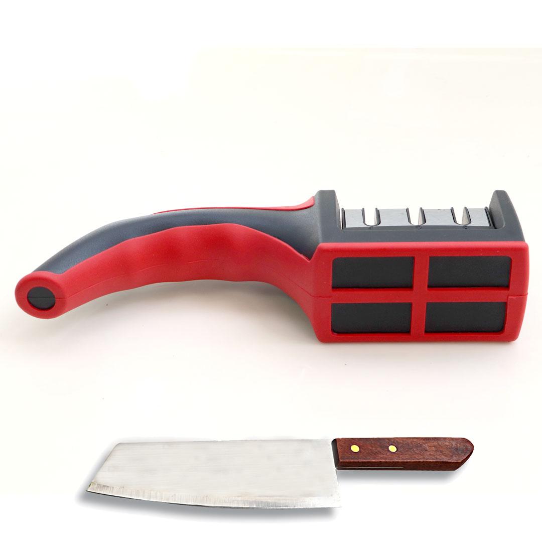 Combo dao bếp loại trung cán gỗ và mài dao 3 rãnh inox cao cấp MDL01 – Gia dụng bếp
