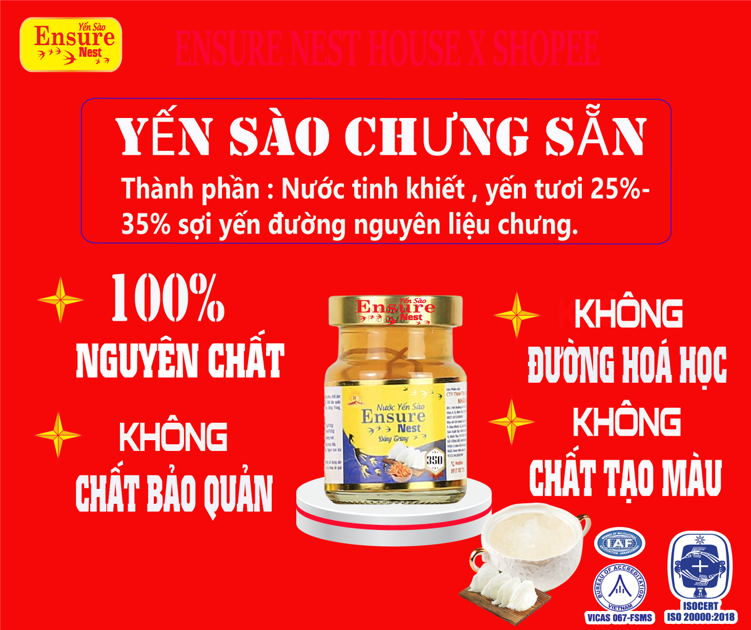 Yến Chưng Không Đường Ensure Nest Với 300mg(25%) Yến Tươi Khánh Hoà hủ 70ml