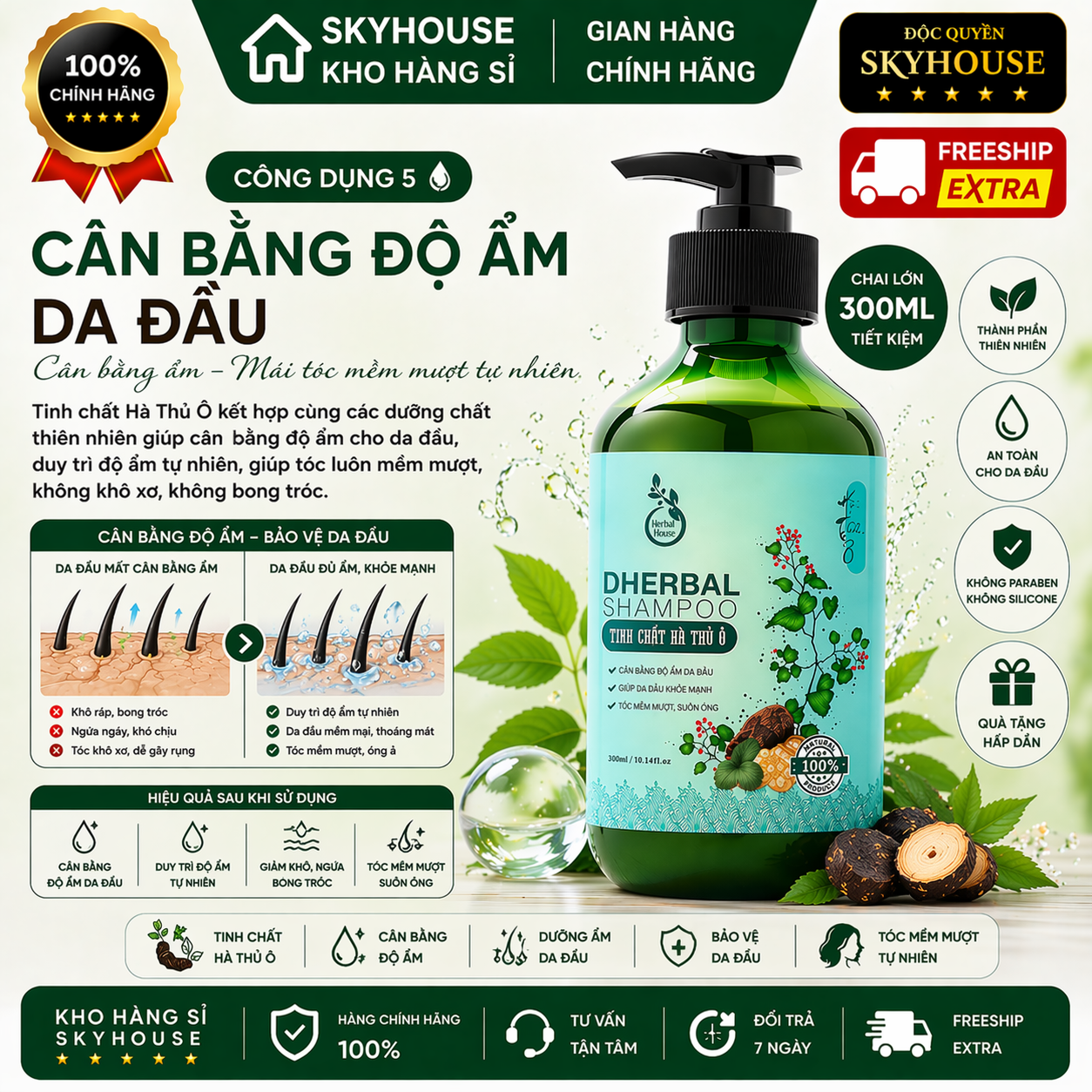 Dầu gội thảo dược thiên nhiên tinh chất hà thủ ô độc quyền DHERBAL chai 300ml dầu gội tóc chắc khỏe suôn mượt chính hãng