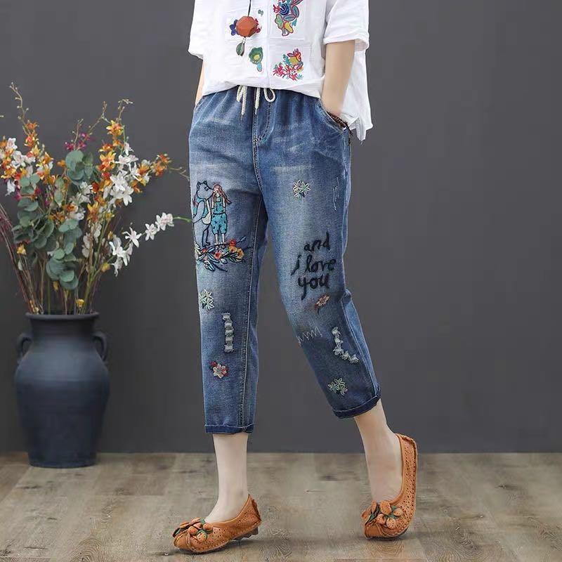 Quần Jeans Lửng Lưng Cao Co Giãn Thêu Họa Tiết Thời Trang Mùa Hè Cho Nữ