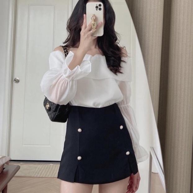 Áo sơ mi trễ vai 2 lớp hàng mới_001 babydoll bánh bèo mầu trắng