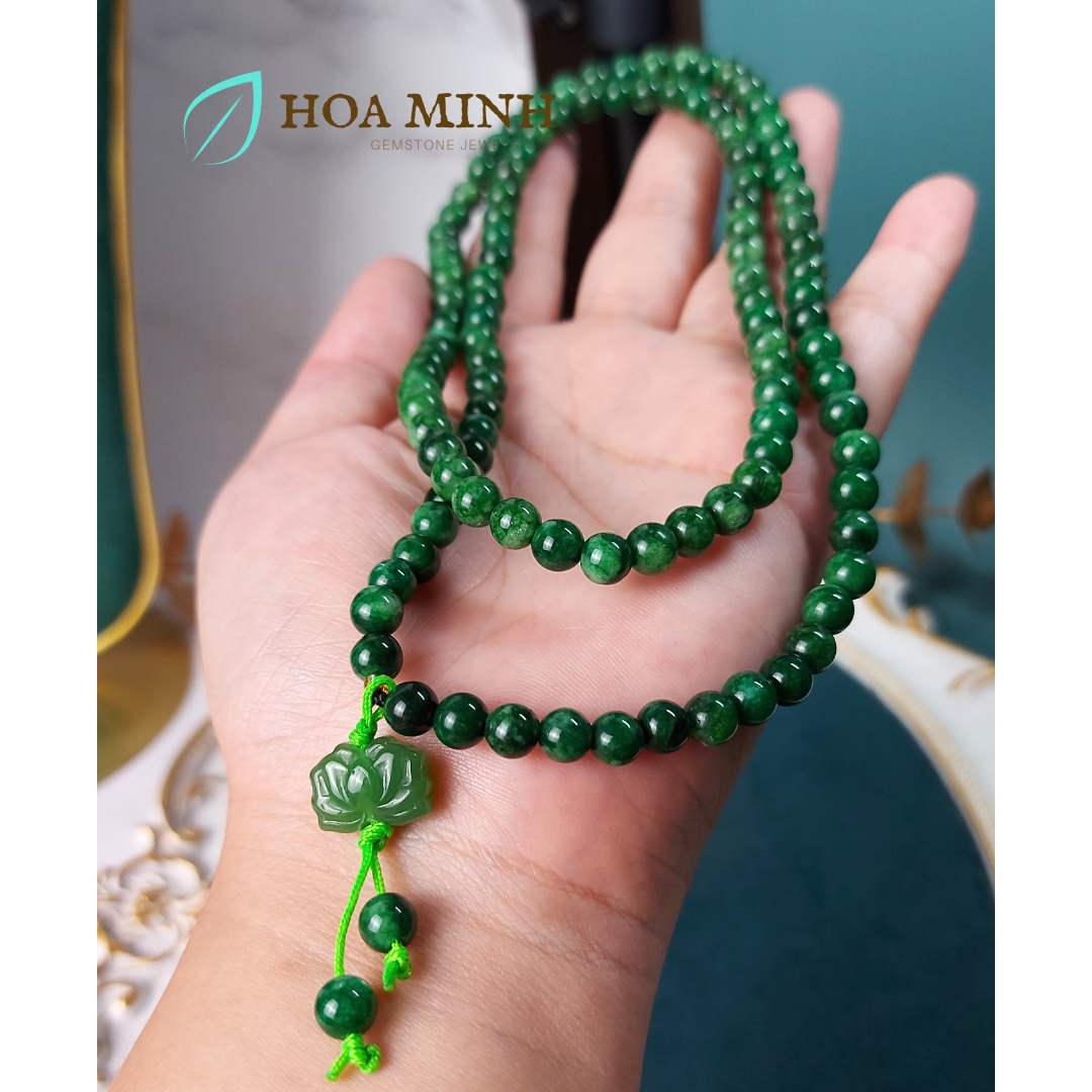 Vòng tay chuỗi 108 hạt Cẩm Thạch Sơn Thủy size 6 li phối charm hoa sen mã não, phong thủy bình an may mắn không kén mệnh